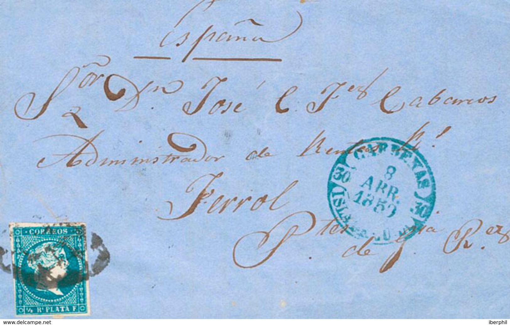 1291 1859. ½ Real Azul Verdoso. CARDENAS A PUENTES DE GRACIA RODRIGUEZ (LA CORUÑA). En El Frente Baeza CARDENAS / ISLA D - Cuba (1874-1898)