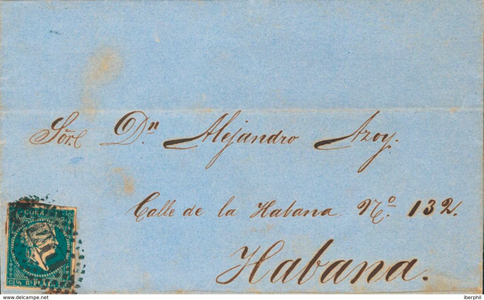 1294 1861. Sobre Ant.7. ½ Real Azul. Dirigida A LA HABANA. Matasello Oval De Puntos D.M., Utilizado En Los Vapores De La - Cuba (1874-1898)