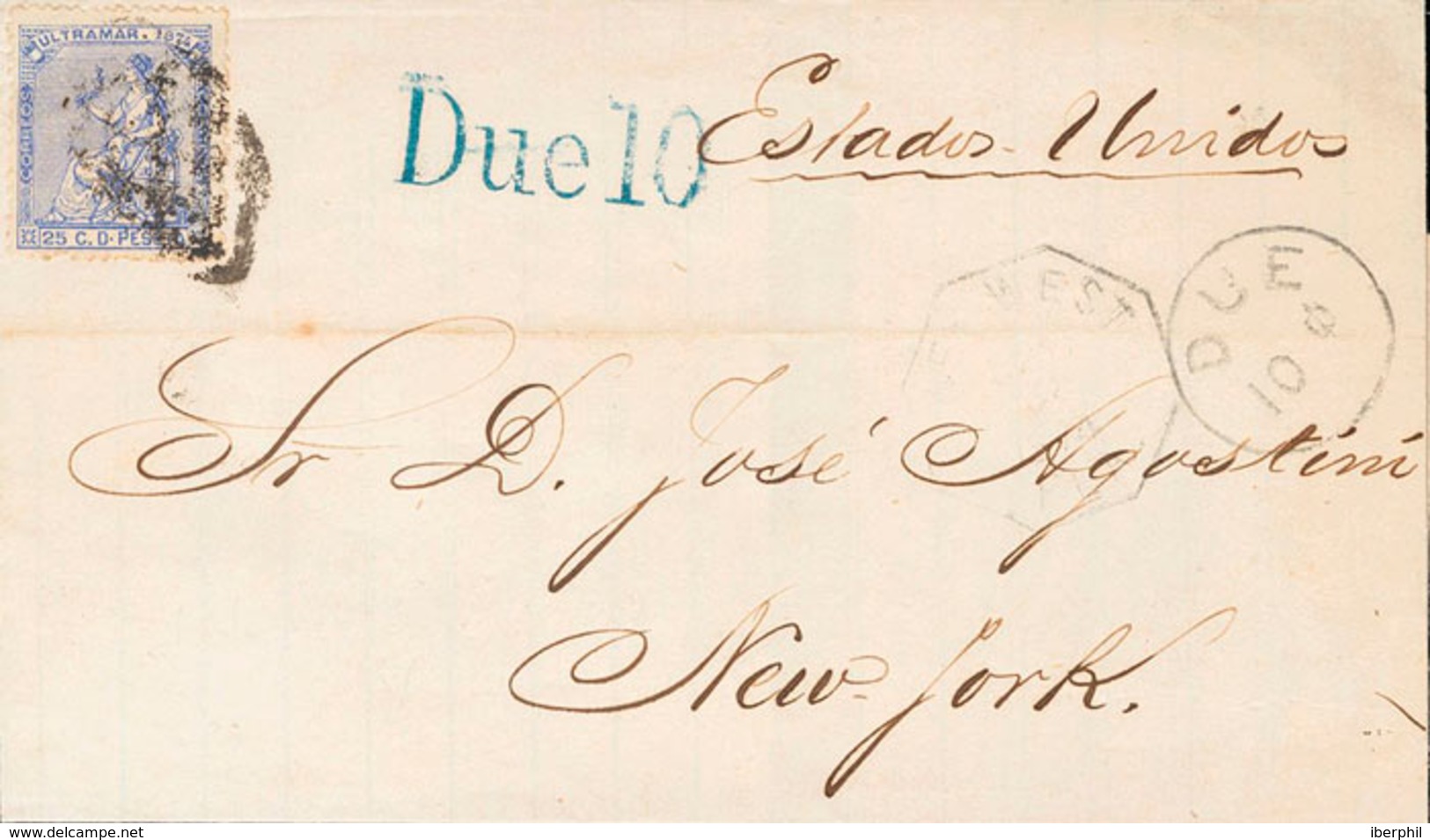 1316 1874. Sobre 28. 25 Cts Ultramar. SANTIAGO DE CUBA A NUEVA YORK (U.S.A.). En El Frente Dúplex KEY WEST / FLA / DUE / - Cuba (1874-1898)