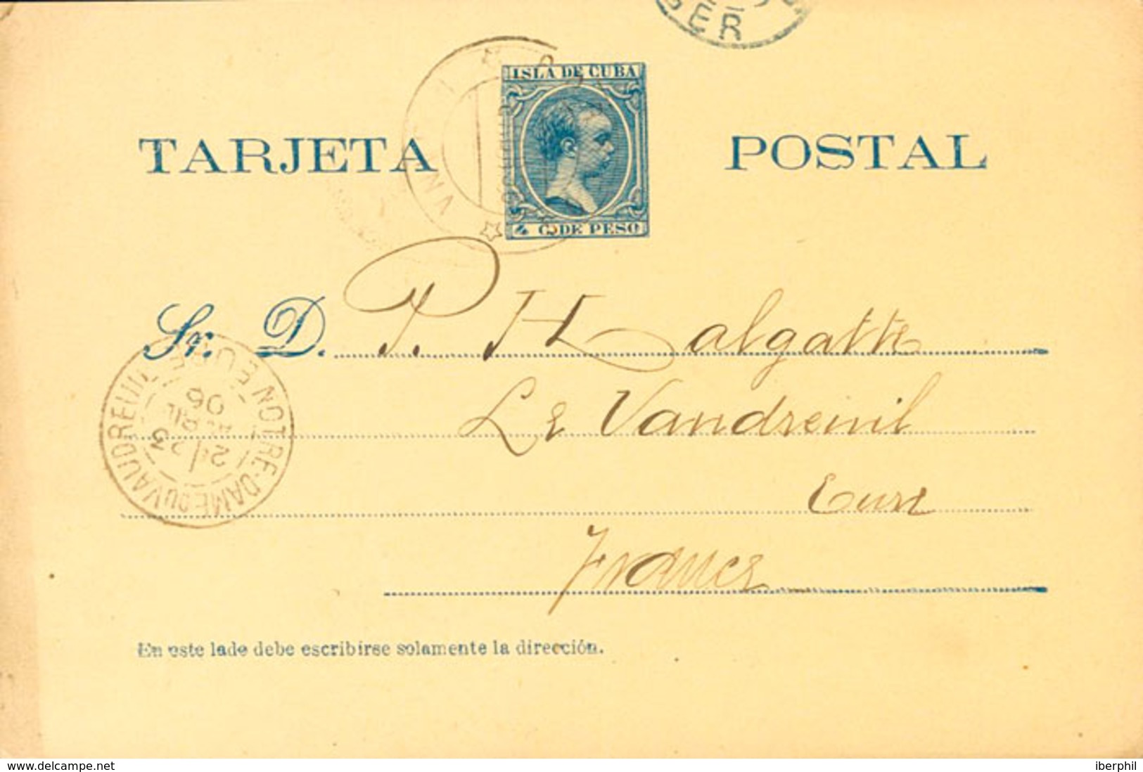 1338 1896. Sobre EP30. 4 Ctvos Azul Oscuro Sobre Tarjeta Entero Postal De LA HABANA A LE VAUDREUIL (FRANCIA). En El Fren - Cuba (1874-1898)