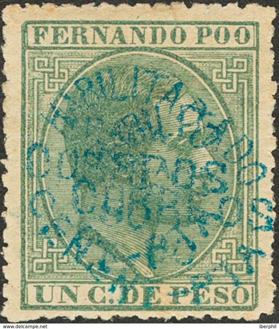 1346 1884.   9Ahh. 50 Cts Sobre 1 Cts Verde. Variedad SOBRECARGA DOBLE, En Azul. MAGNIFICO Y RARO. Edifil 2012: 250? - Fernando Po