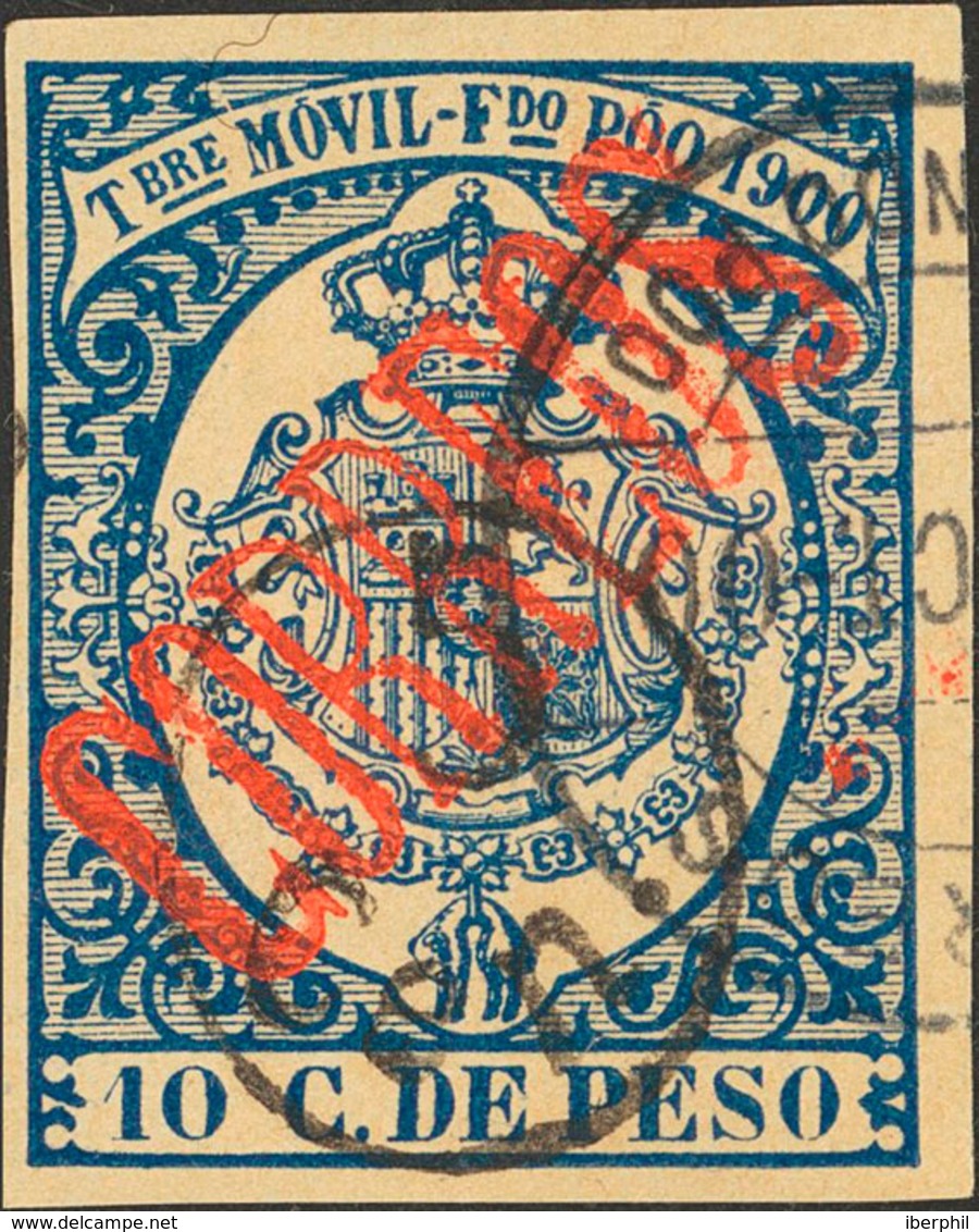 1366 1900. º 48Ahdxa. 5 Cts Sobre 10 Cts Azul. Variedad CORREOS EN DIAGONAL, En Rojo Y 5 CEN, En Negro. MAGNIFICO Y RARO - Fernando Po