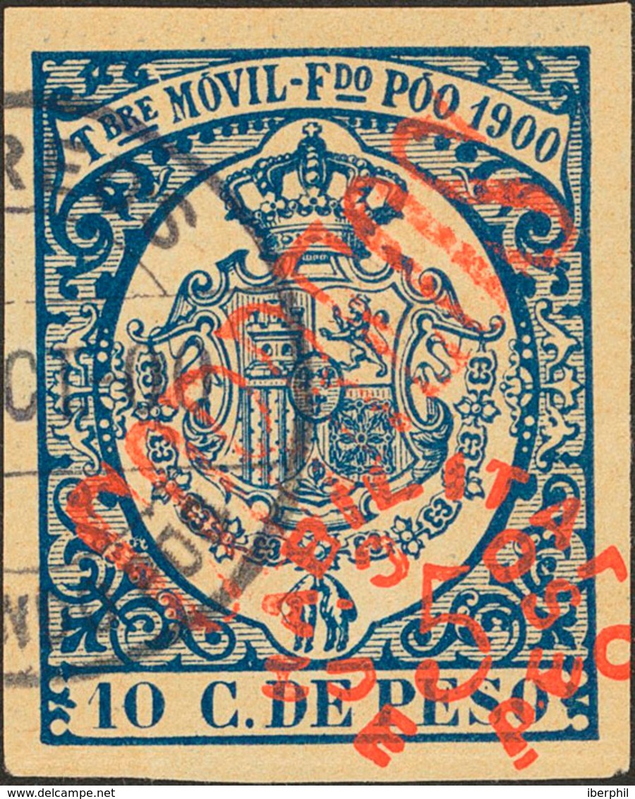 1368 1900. º 48Bahz. 5 Cts Sobre 10 Cts Azul. Variedad CORREOS EN DIAGONAL, En Rojo. MAGNIFICO Y RARISIMO. Edifil 2012:  - Fernando Poo