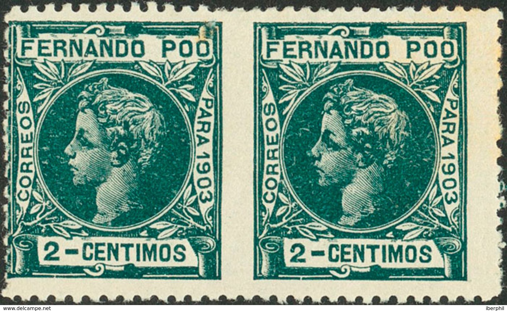 1369 1903. * 121sph. 2 Cts Verde, Pareja. Variedad SIN DENTAR ENTRE LOS SELLOS. MAGNIFICA Y EXTRAORDINARIAMENTE RARA. Ce - Fernando Po