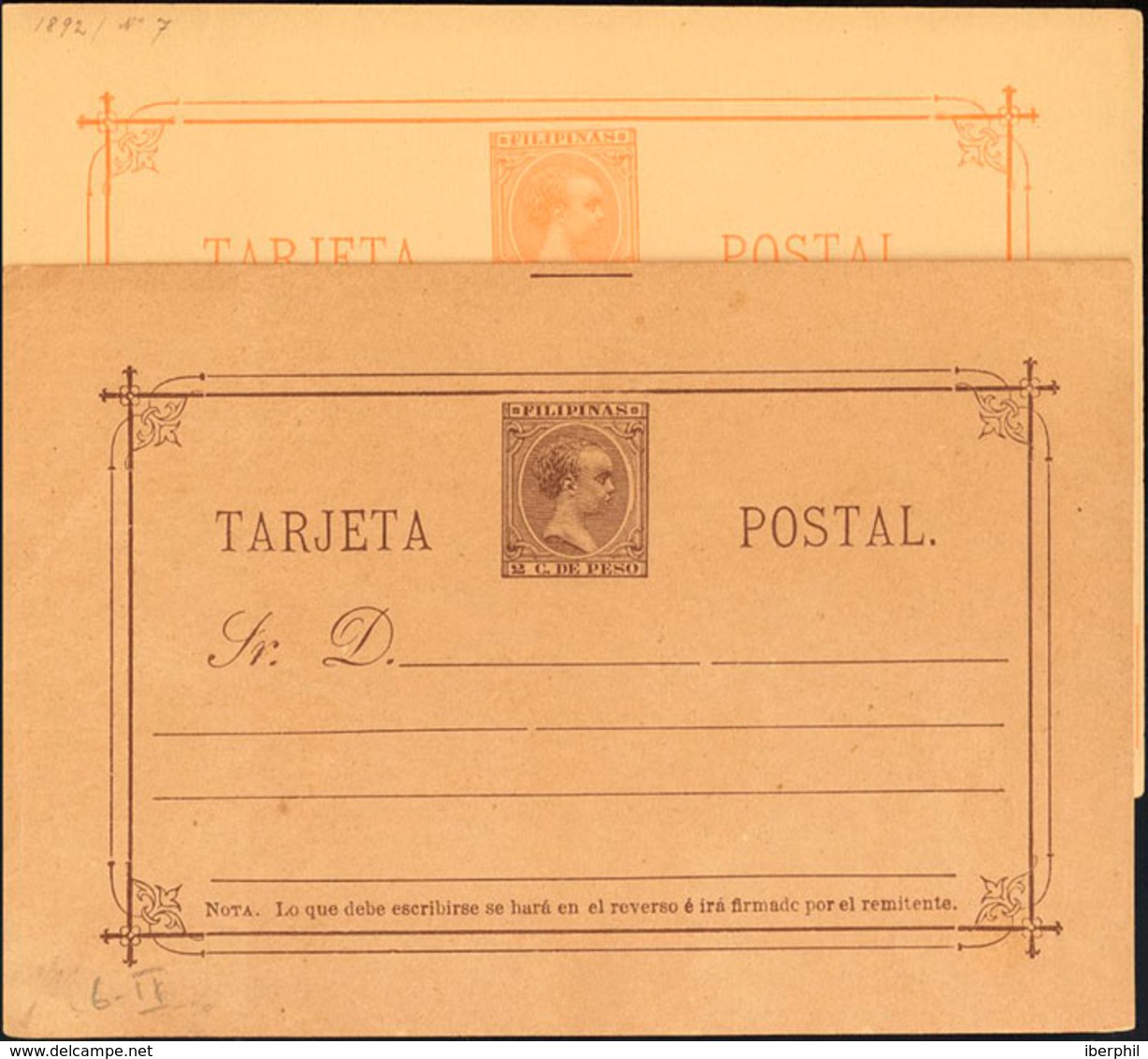 1376 1892. (*) EP6/7. 2 Ctvos Castaño Y 3 Ctvos Naranja Sobre Tarjetas Entero Postales. MAGNIFICAS. Edifil 2018: 122? - Philippines