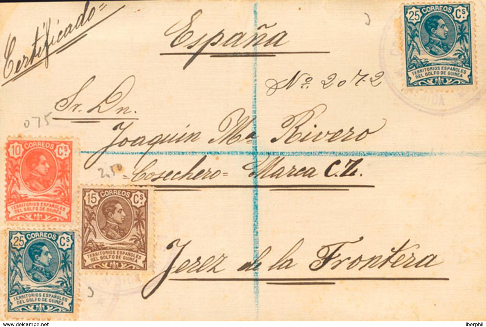 1380 1909. Sobre 62, 63, 65(2). 10 Cts Naranja, 15 Cts Castaño Y 25 Cts Azul, Dos Sellos. Certificado Dirigido A JEREZ D - Spanish Guinea