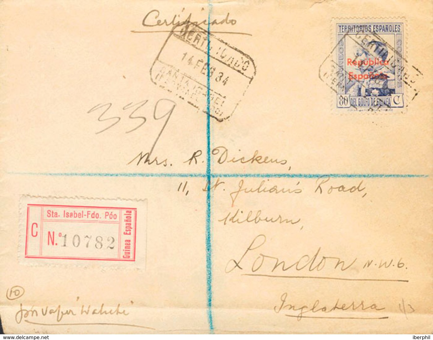 1387 1934. Sobre 240. 80 Cts Azul. Certificado De SANTA ISABEL A LONDRES (INGLATERRA). Al Dorso Llegada. MAGNIFICA. - Spanish Guinea