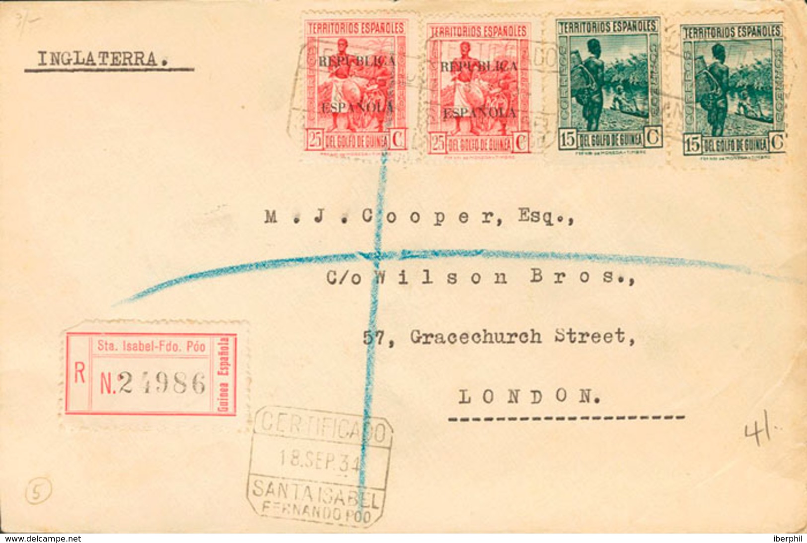 1389 1934. Sobre 248(2), 222(2). 15 Cts Azul, Dos Sellos Y 25 Cts Carmín, Dos Sellos. Certificado De SANTA ISABEL A LOND - Guinea Española