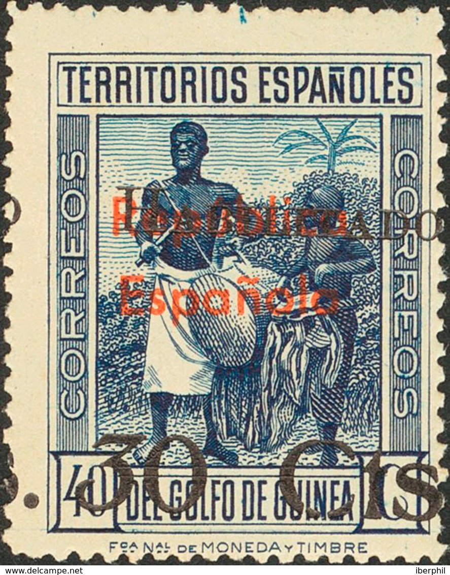 1398 1937. * 253hzd. 30 Cts Sobre 40 Cts Azul. Variedad "3" INCLINADO. MAGNIFICO Y RARO. Edifil 2012: 335? - Guinea Spagnola