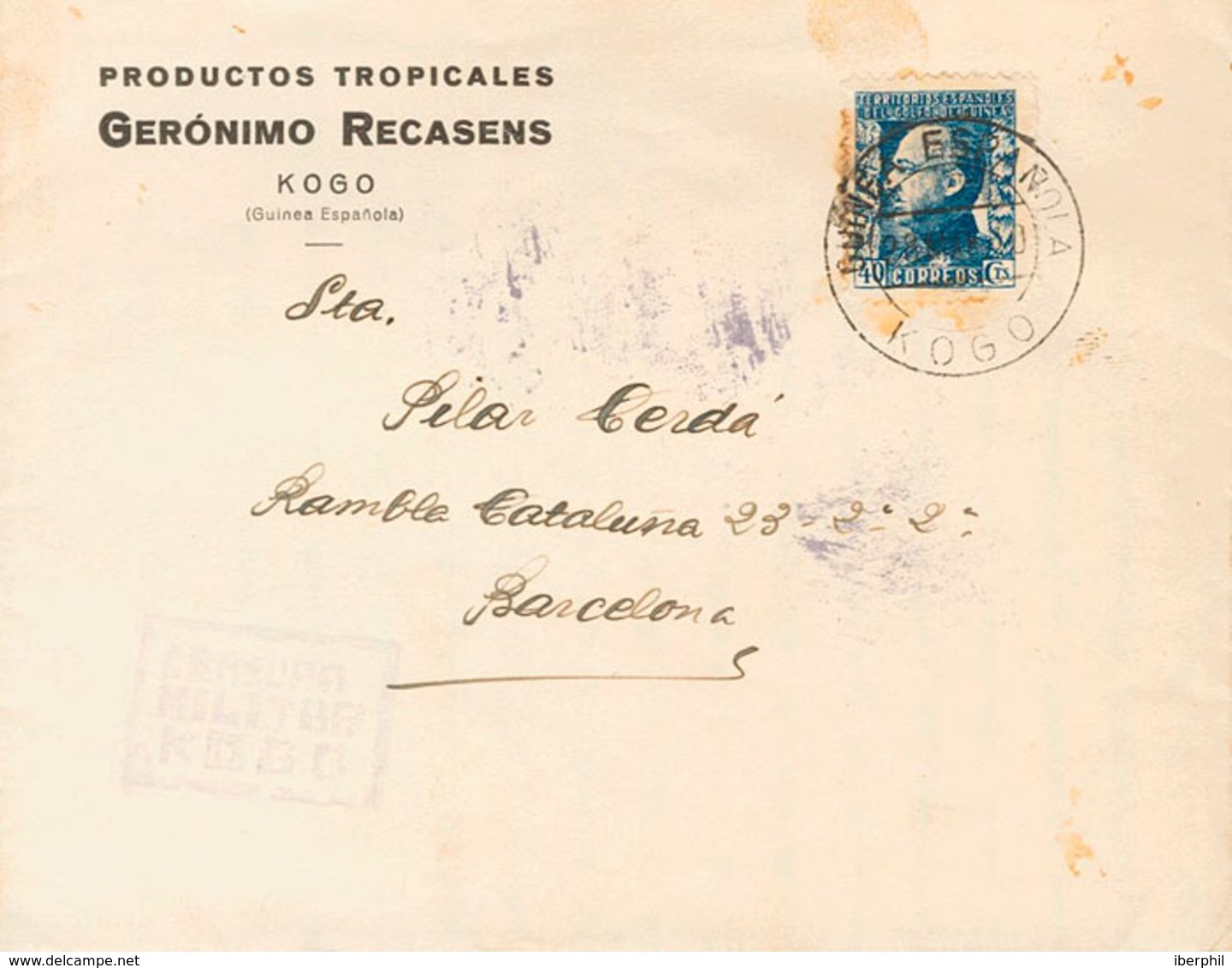 1403 1940. Sobre 261. 40 Cts Azul (tonalizado). KOGO A BARCELONA. En El Frente Marca CENSURA / MILITAR / KOGO Y Al Dorso - Guinea Española