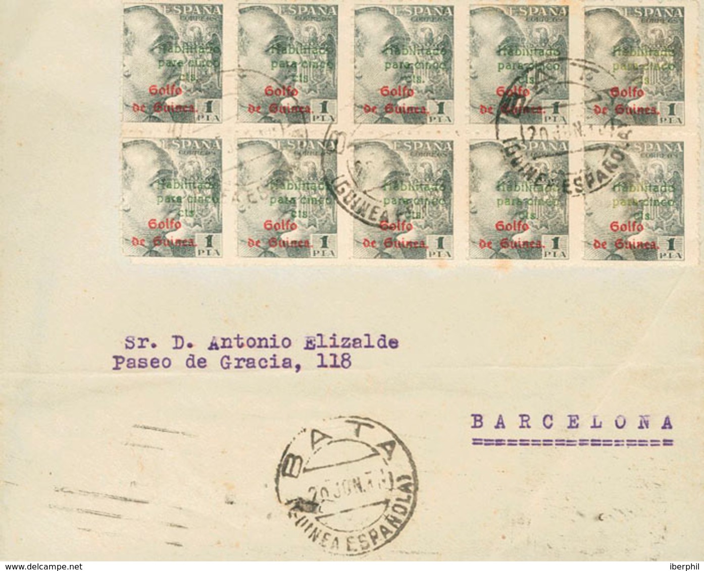 1409 1950. Sobre 273(10). 1 Pts Negro, Bloque De Diez. BATA (GUINEA) A BARCELONA. Al Dorso Rodillo De ¿Barcelona? A Su L - Guinea Española