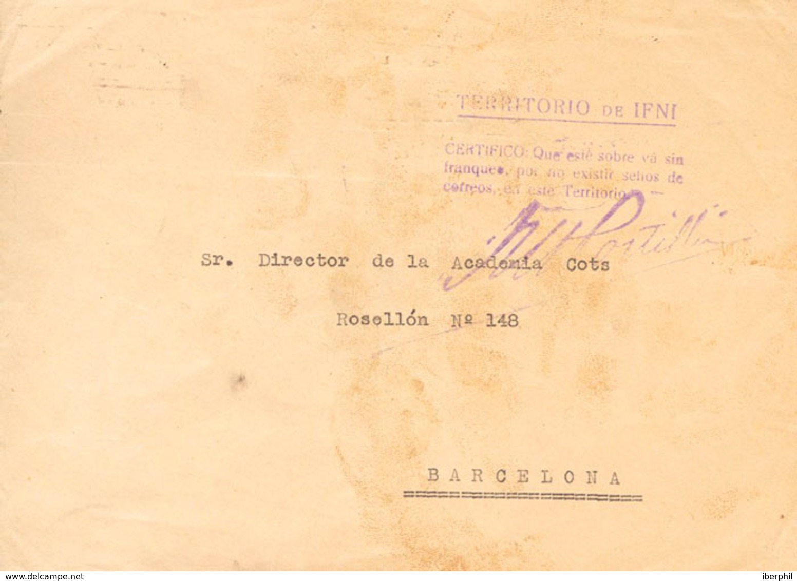 1412 1936. SIDI IFNI A BARCELONA. Marcas TERRITORIO DE IFNI / CERTIFICO: QUE ESTE SOBRE VA SIN / FRANQUEO POR NO EXISTIR - Ifni