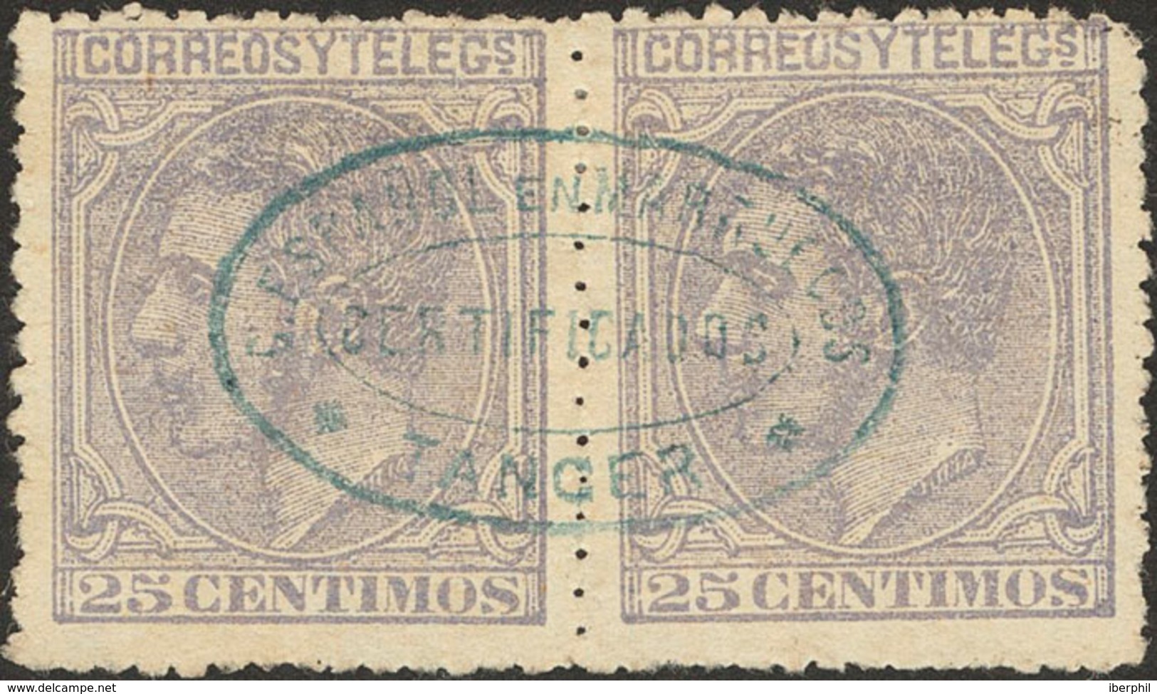 1426 1879. º España 204(2). 25 Cts Gris Azulado, Pareja. Matasello C.ESPAÑOL EN MARRUECOS / CERTIFICADO / TANGER, En Azu - Marruecos Español