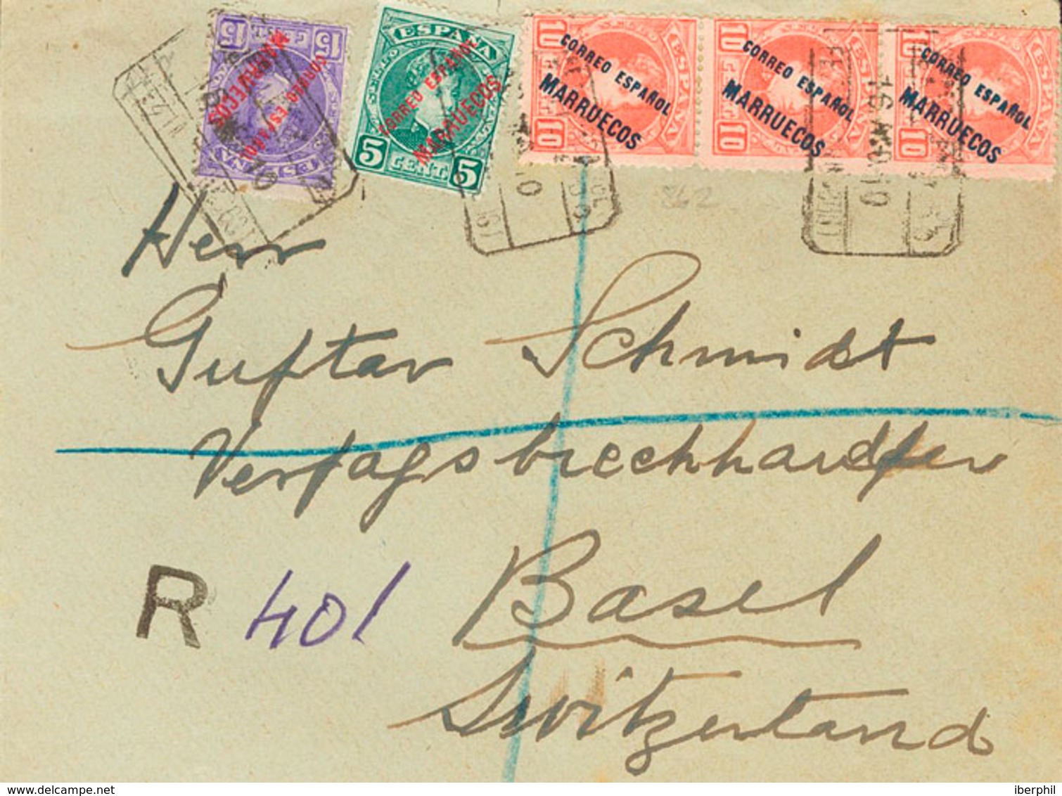1433 1910. Sobre 3, 4(3), 5. 5 Cts Verde, 10 Cts Rojo, Tres Sellos Y 15 Cts Violeta. Certificado De FEZ A BASILEA (SUIZA - Spanisch-Marokko