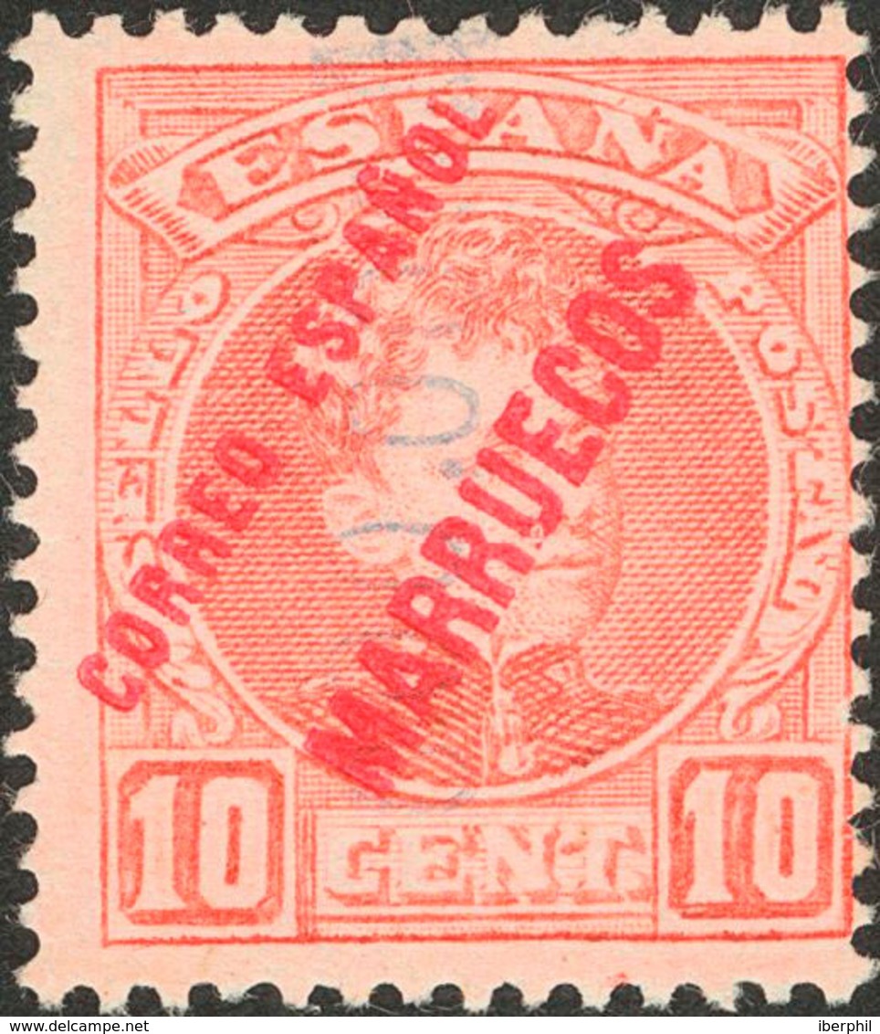 1435 1903. * 4hcc. 10 Cts Rojo. Variedad CAMBIO DE COLOR DE LA SOBRECARGA, En Carmín. MAGNIFICO. Edifil 2013: 100? - Marruecos Español