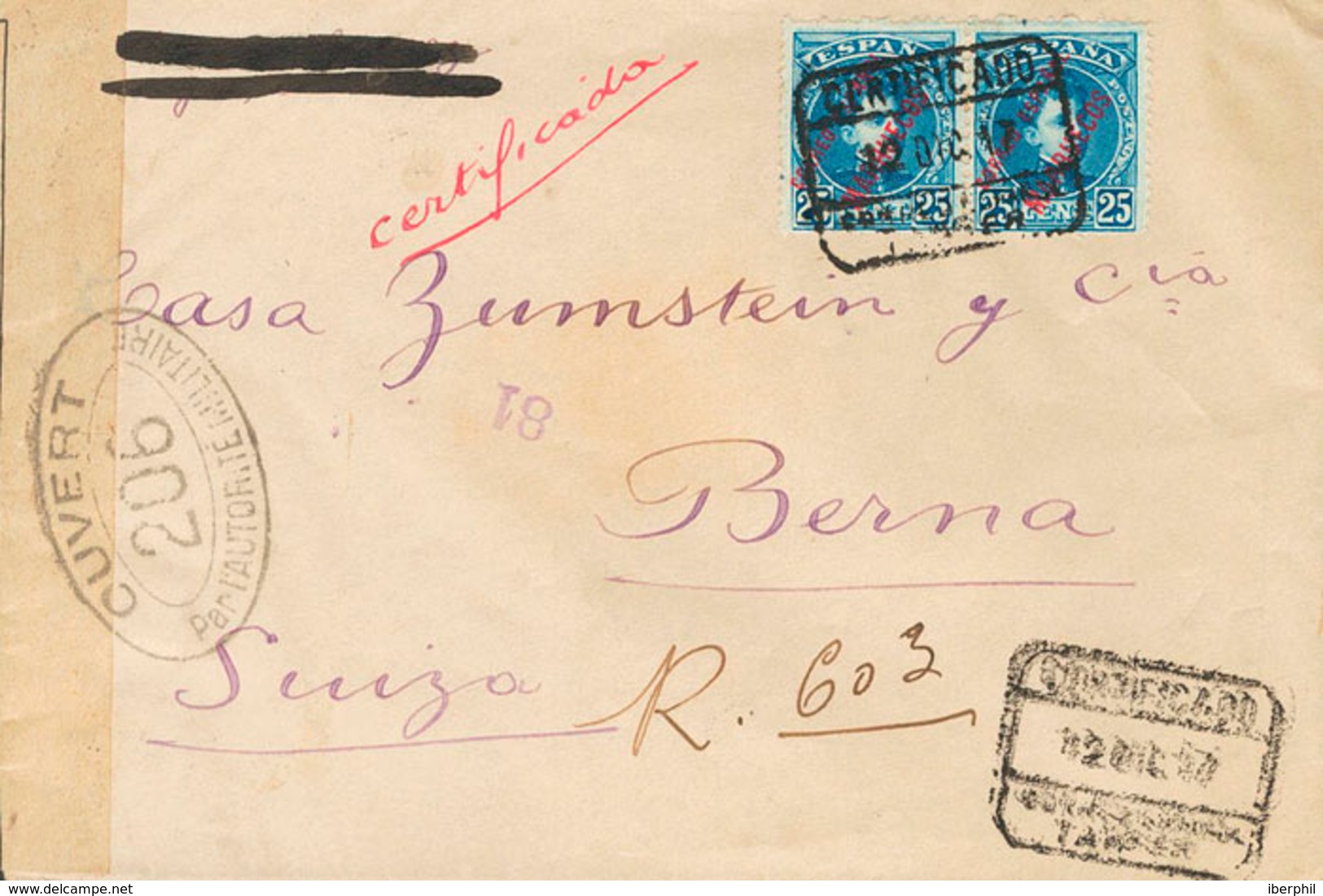 1436 1917. Sobre 7(2). 25 Cts Azul, Pareja. Certificado De TANGER A BERNA (SUIZA). Al Dorso Llegada. MAGNIFICA. - Marruecos Español