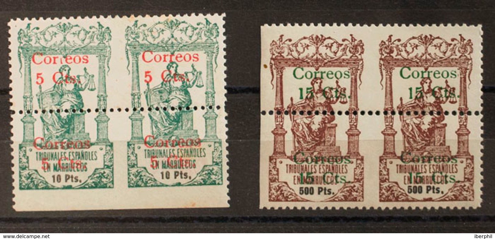 1463 1920. * 69sv, 73sv. 5 Cts Sobre 10 Pts Verde Y 15 Cts Sobre 500 Pts Carmín. Variedad SIN DENTADO VERTICAL ENTRE LOS - Marruecos Español