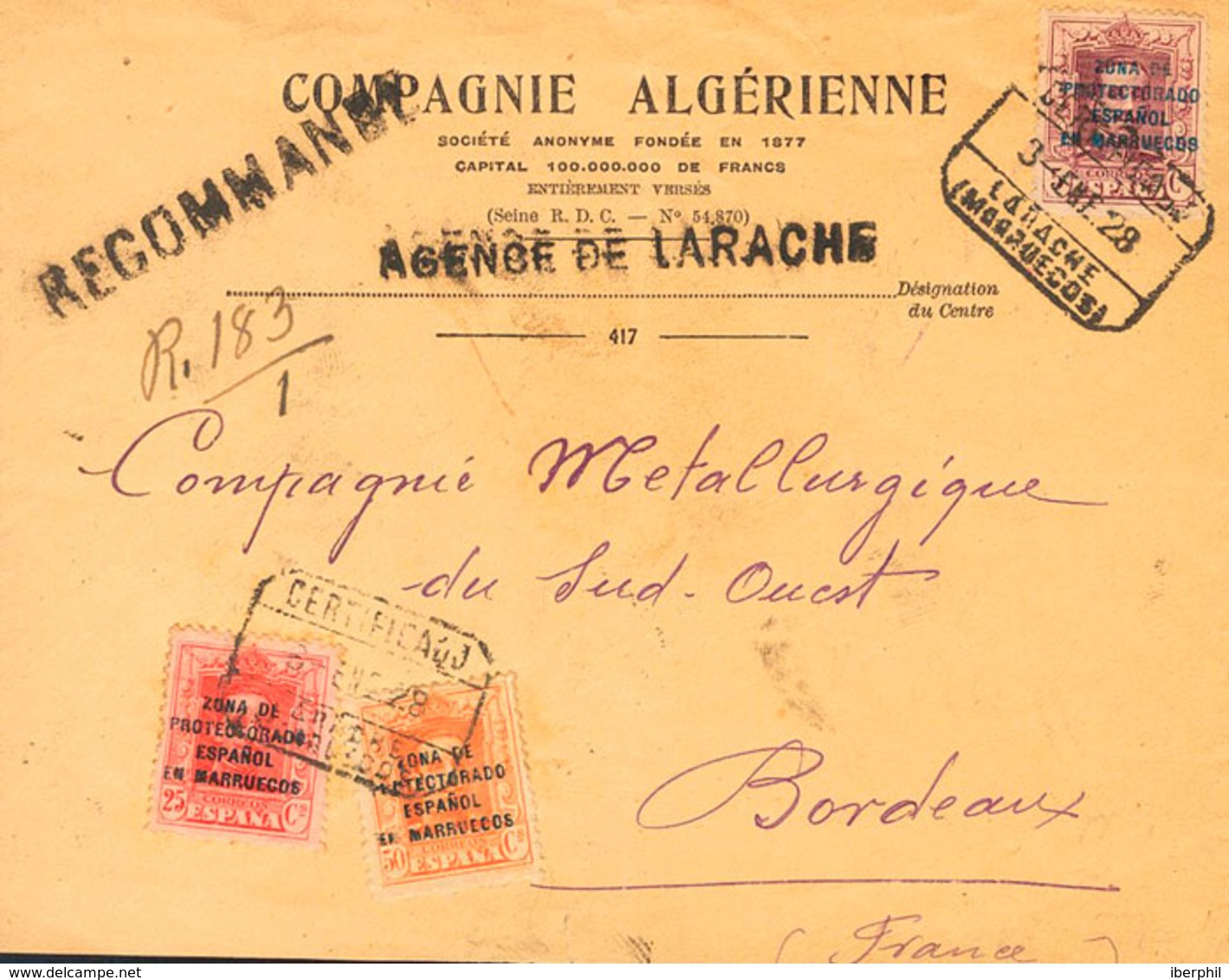 1467 1928. Sobre 82, 86, 88. 5 Cts Lila Oscuro, 25 Cts Carmín Y 50 Cts Naranja. Certificado De LARACHE A BURDEOS (FRANCI - Marruecos Español