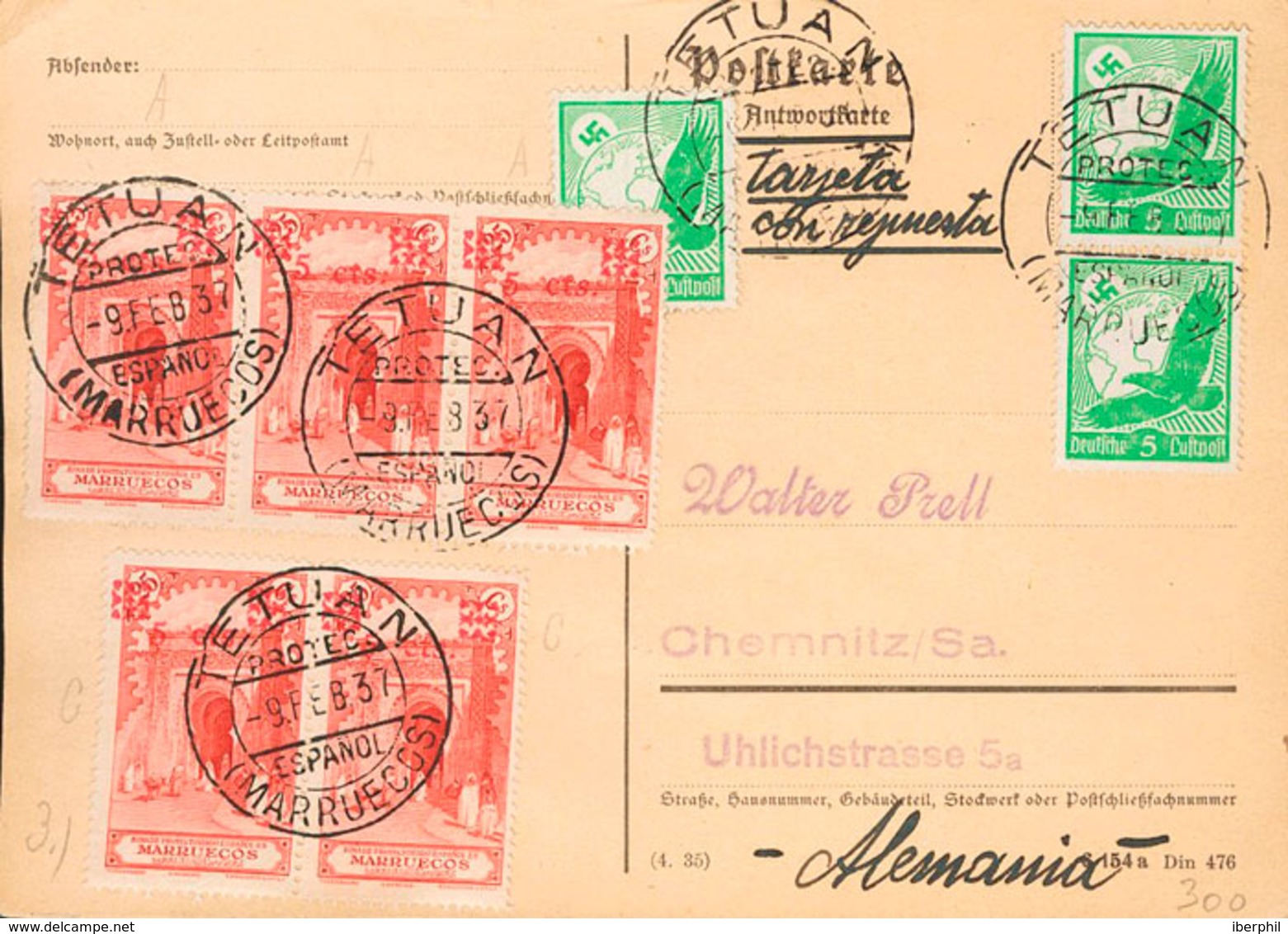 1479 1937. Sobre 164(5). 5 Cts Sobre 25 Cts Rojo Y 5 Cts Verde Amarillo De Alemania, Tres Sellos. Tarjeta Postal De TETU - Marruecos Español