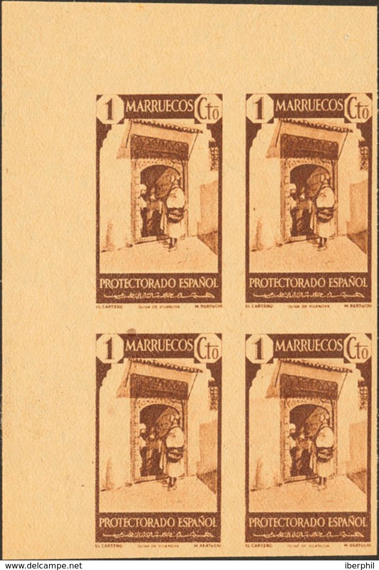 1489 1940. (*) 200P(4). 1 Cts Castaño, Bloque De Cuatro, Esquina De Pliego. ENSAYO DE COLOR, Sobre Papel Poroso. MAGNIFI - Marruecos Español