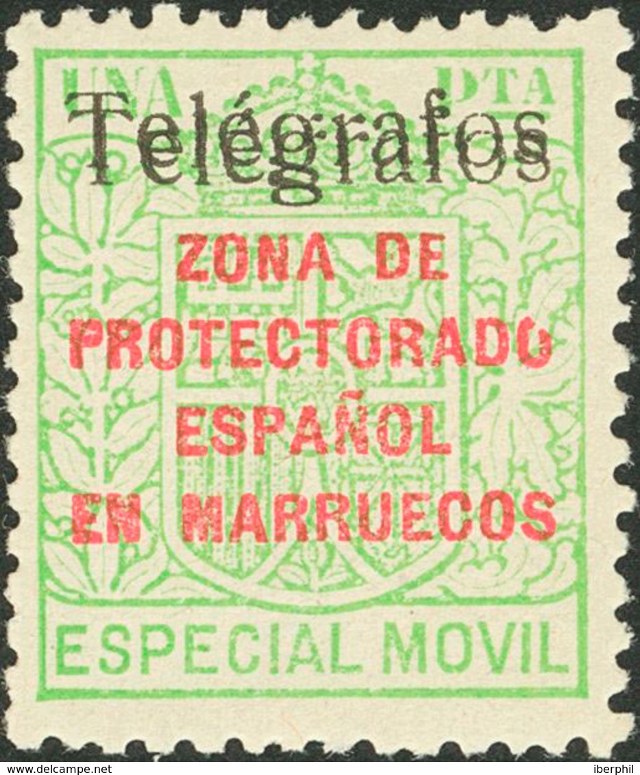 1522 1937. * 41Hhh. 1 Pts Verde Amarillo. Variedad SOBRECARGA TELEGRAFOS DOBLE Y "O" DE PROTECTORADO ROTA. MAGNIFICO Y M - Marruecos Español