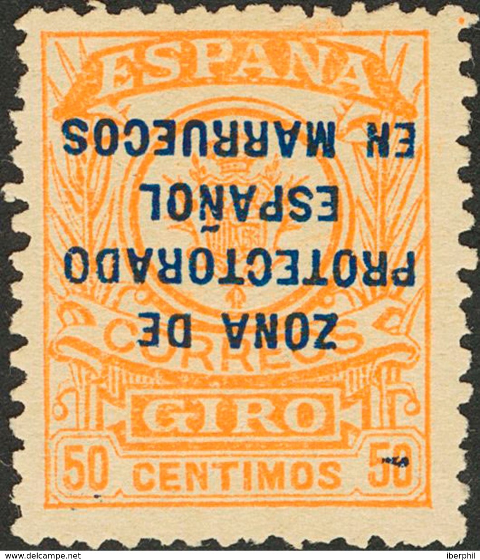 1529 1918. (*) 9hi. 50 Cts Naranja. Variedad SOBRECARGA INVERTIDA. MAGNIFICO. Edifil 2013: 48? - Marruecos Español