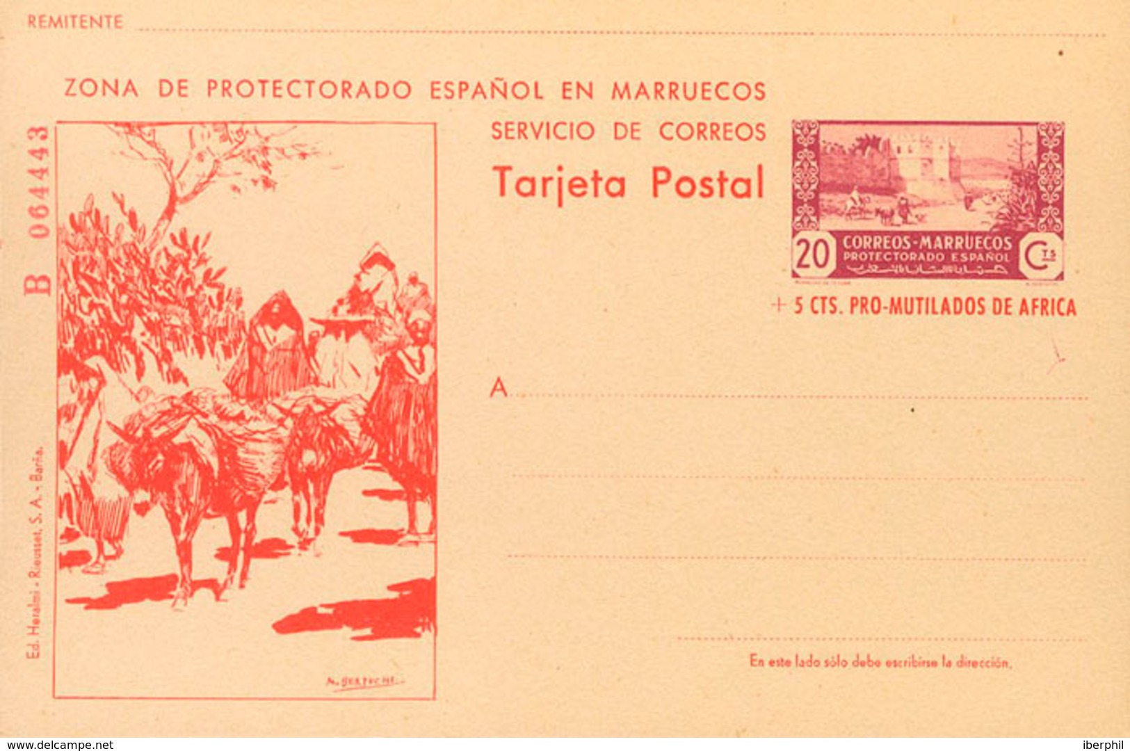 1551 1944. (*) EP77. 20 Cts Lila Y Rojo Sobre Tarjeta Entero Postal (Serie B, Tipo I). MAGNIFICA Y RARA. Edifil 2018: 29 - Marruecos Español