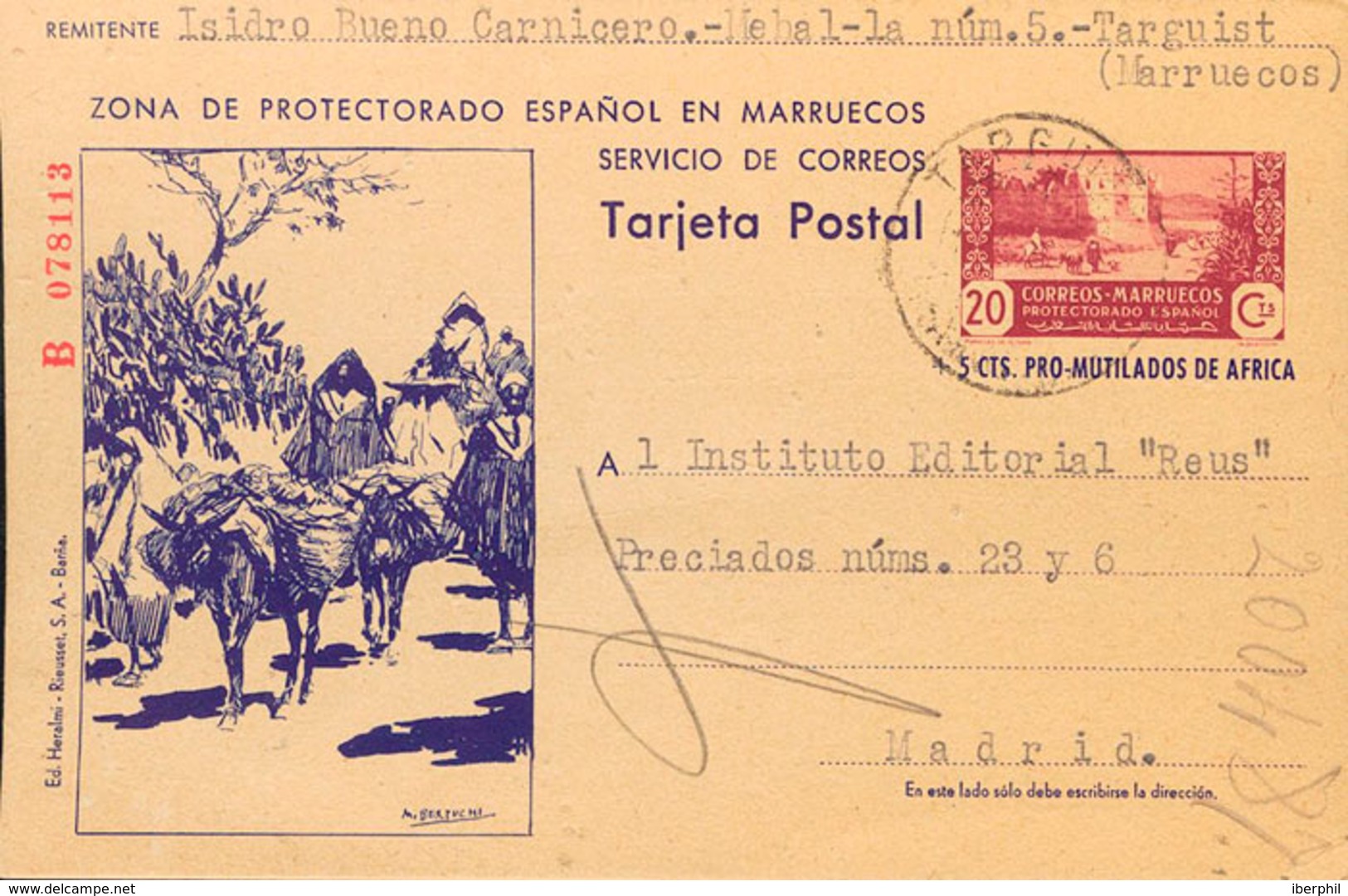 1552 1945. Sobre EP78. 20 Cts Lila Y Azul Violeta Sobre Tarjeta Entero Postal (Serie B, Tipo I) De TARGIST A MADRID. Al  - Marruecos Español