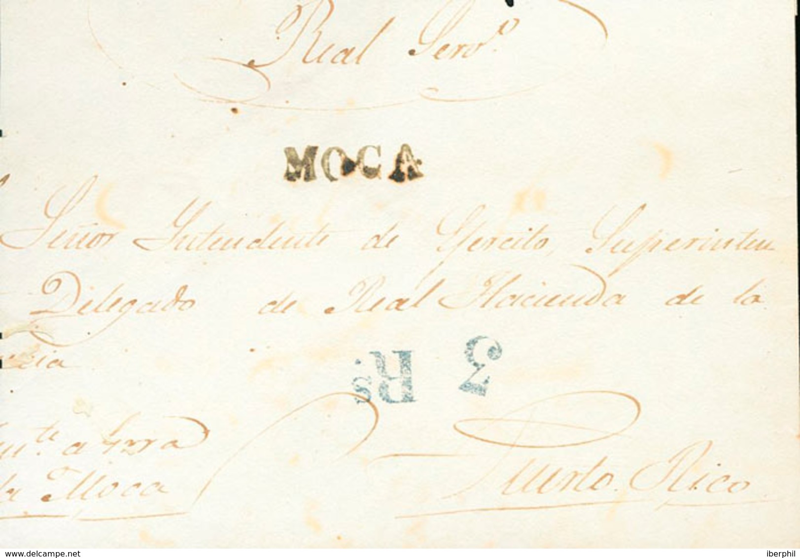 1565 (1850ca). MOCA A SAN JUAN. Marca MOCA, En Azul-negro (P.E.1) Edición 2004 Y Porteo "3 Rs" (reales), En Azul. MAGNIF - Puerto Rico