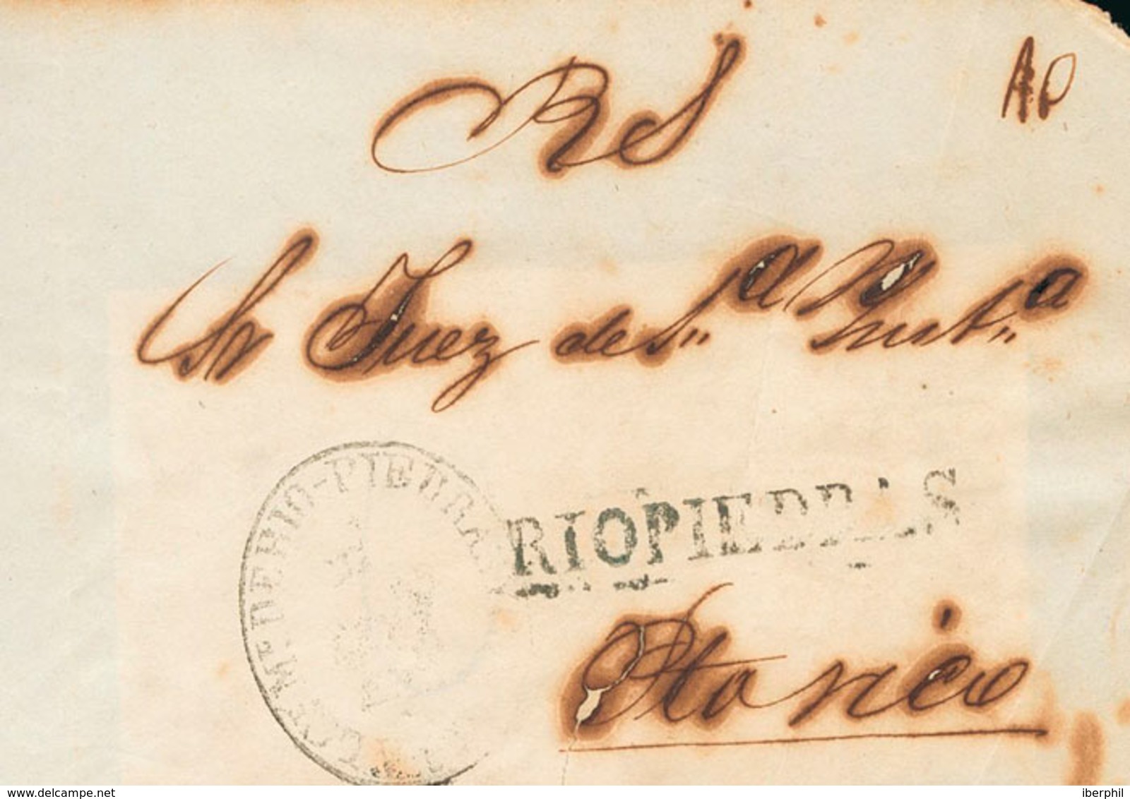 1567 (1850ca). Frontal De RIO PIEDRAS A SAN JUAN. Marca RIOPIEDRAS, En Negro (P.E.1) Edición 2004. MAGNIFICO Y RARISIMO, - Puerto Rico