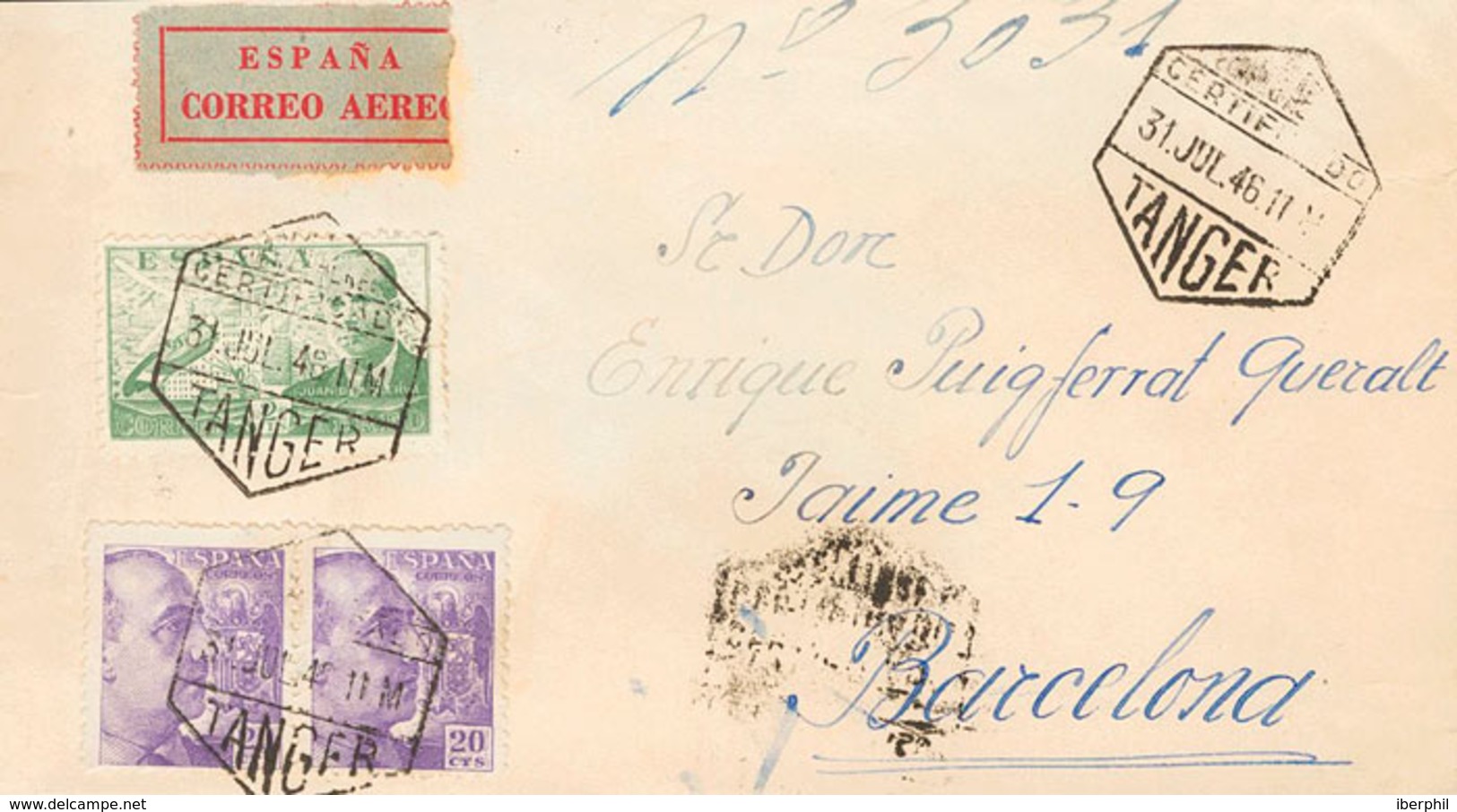 1624 1946. Sobre 922(2), 945. 20 Cts Violeta, Dos Sellos Y 2 Pts Verde, Todos De España. Certificado De TANGER A BARCELO - Marruecos Español