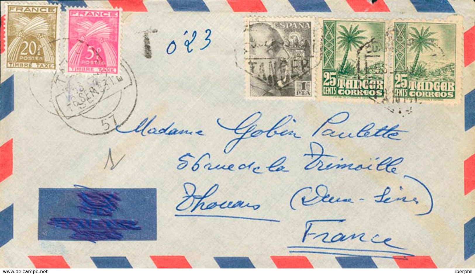 1626 1953. Sobre 167(2), España 1056. 25 Cts Verde, Dos Sellos Y 1 Pts Negro De España. TANGER A THOUARS (FRANCIA). Tasa - Marruecos Español