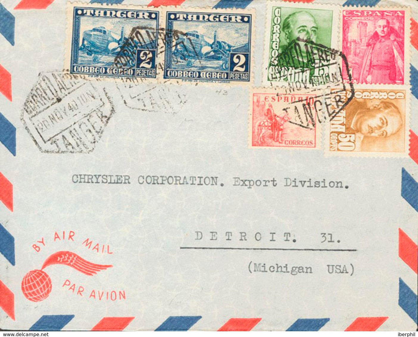 1627 1940. Sobre 170(2). 2 Pts Azul Y Diversos Valores De Franco. Correo Aéreo De TANGER A DETROIT (U.S.A.). MAGNIFICO. - Marruecos Español