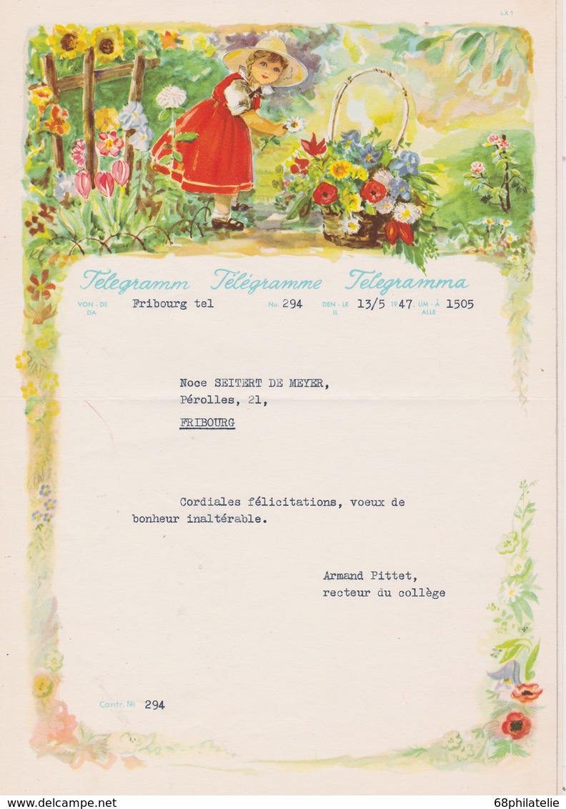 SUISSE 1947 TELEGRAM/TELEGRAMME/TELEGRAMM ILLUSTRE DE FRIBOURG THEME FLEURS - Télégraphe
