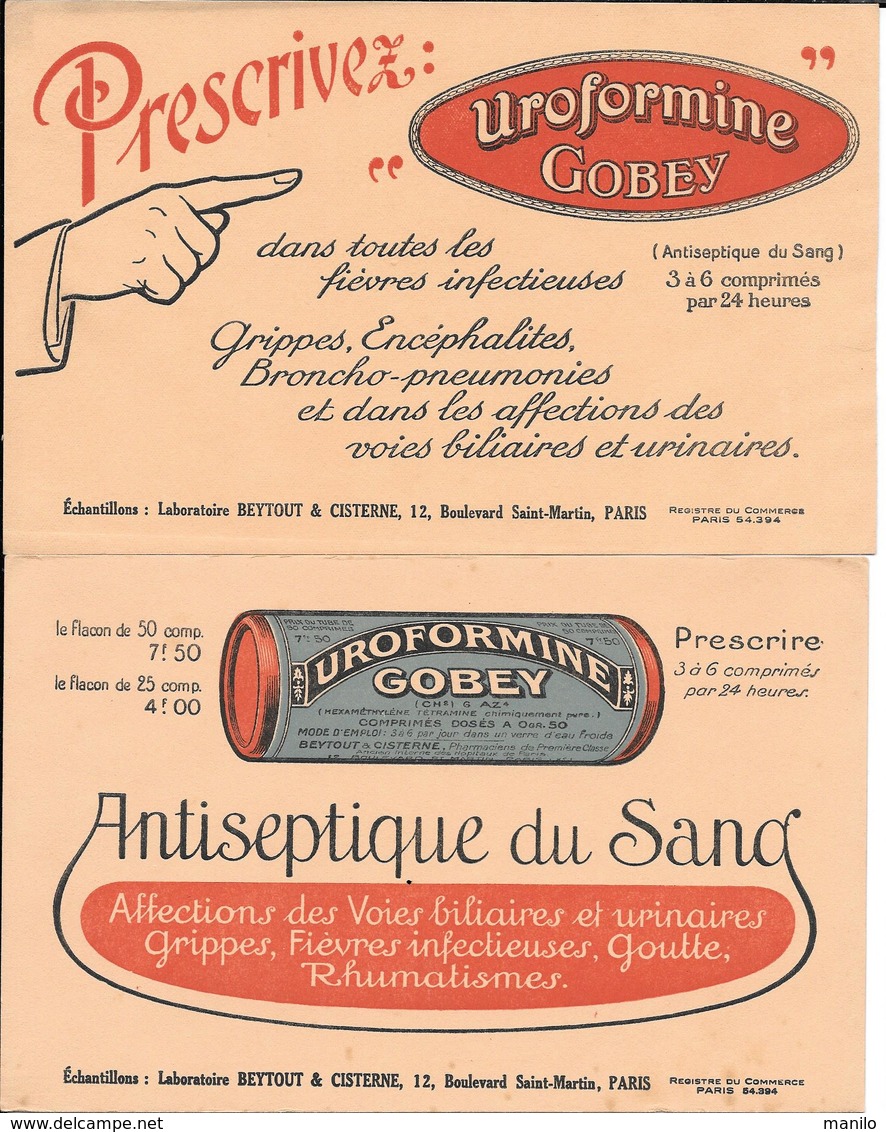 2 Buvards Anciens PRODUITS PHARMACEUTIQUES : LABORATOIRE BEYTOUT CISTERNE Paris - UROFORMINE GOBEY - Drogisterij En Apotheek