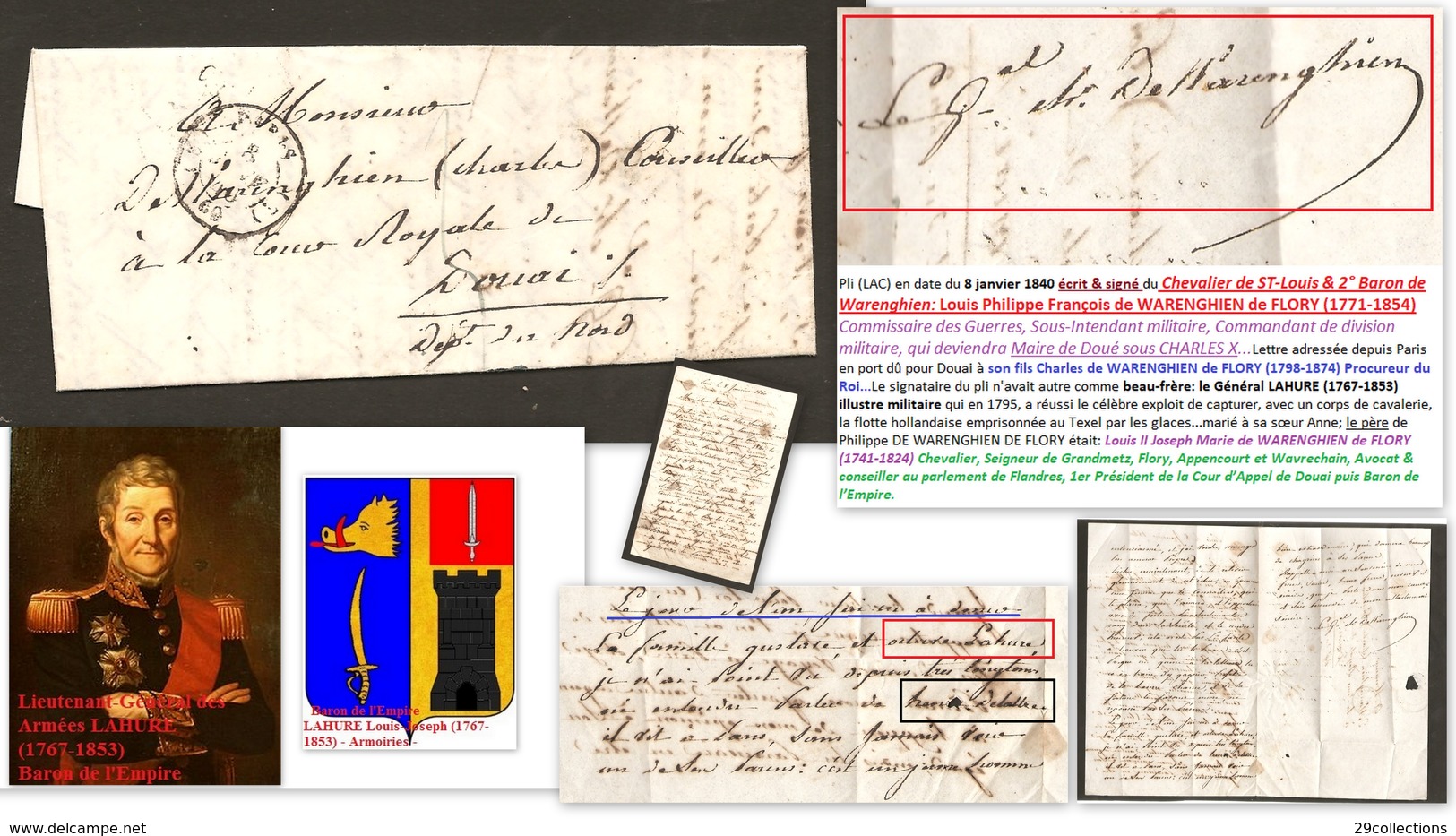 Lettre 1840 Signée Baron DE WARENGHIEN (1771-1854) Général Commissaire Des Guerres - Autres & Non Classés
