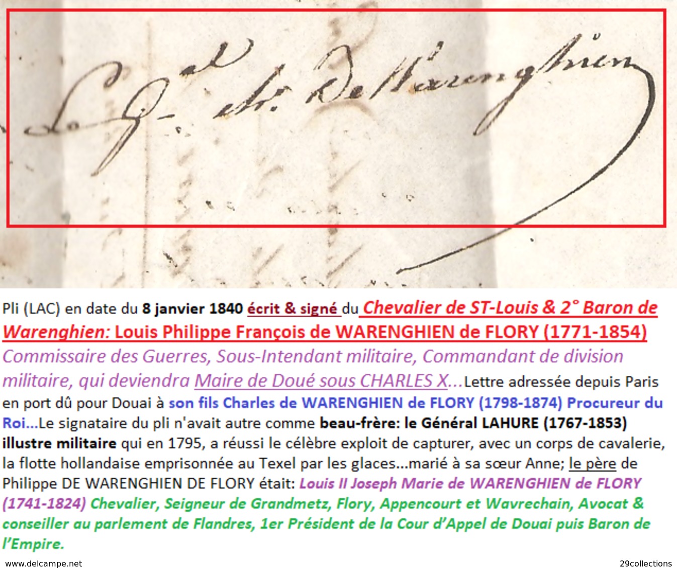 Lettre 1840 Signée Baron DE WARENGHIEN (1771-1854) Général Commissaire Des Guerres - Autres & Non Classés