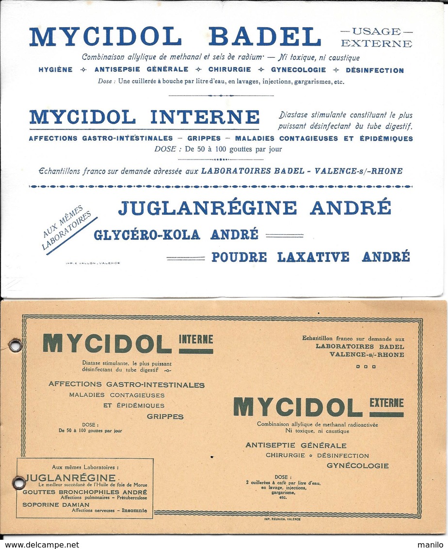 Buvards Anciens Et Bloc  PRODUITS PHARMACEUTIQUES : LABORATOIRES BADEL - VALENCE -MYCIDOL BADEL -JUGLANREGINE ANDRE - Chemist's