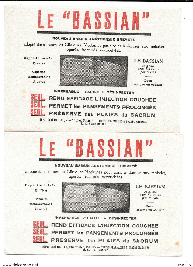 2 Buvards Anciens  PRODUITS PHARMACEUTIQUES : Le BASSIAN (BASSIN ANATOMIQUE) Rue Violet Paris -TOUTES PHARMACIES/Gds MAG - Produits Pharmaceutiques