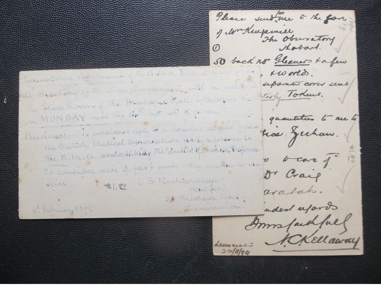 Tasmania, Australia: 1898 & 1899 Postal Cards To Melbourne, Etc. (#PD10) - Postal Stationery