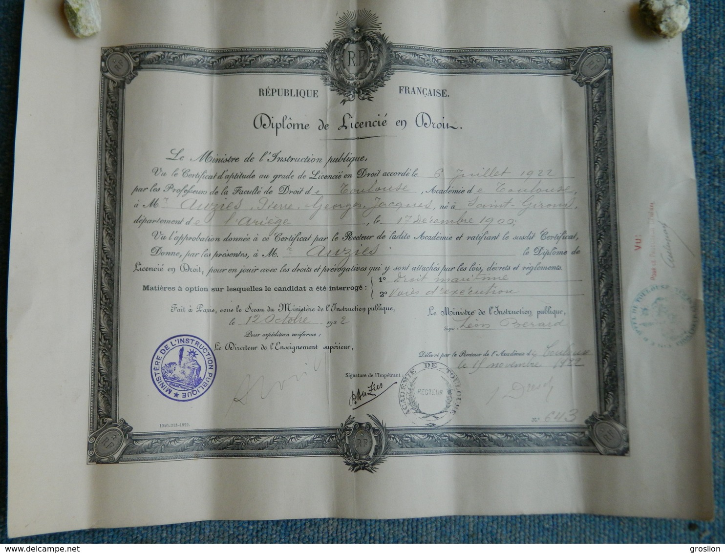 DIPLOME DE LICENCIE EN DROIT A TOULOUSE 1922 - Diplômes & Bulletins Scolaires