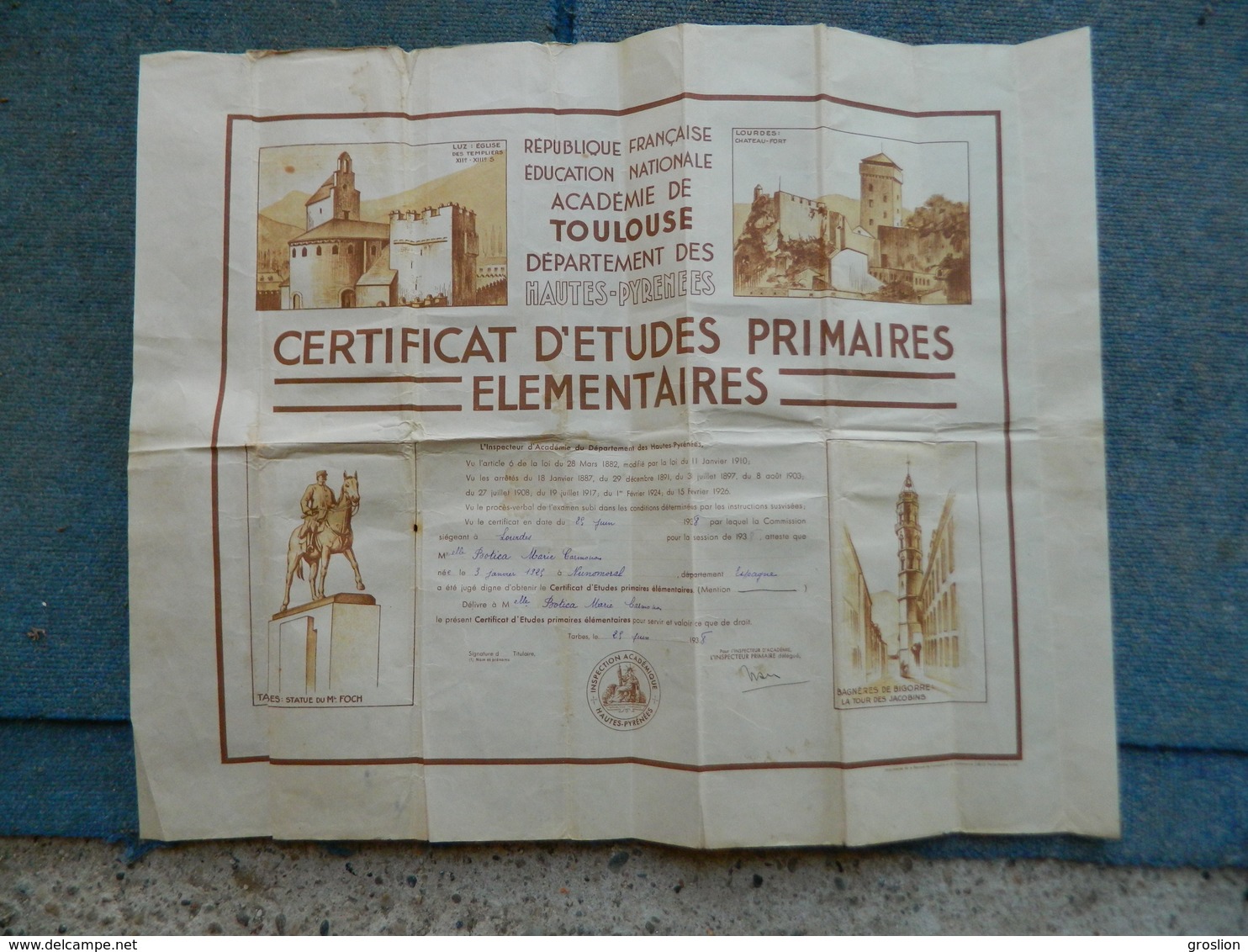 DIPLOME CERTIFICAT D'ETUDES PRIMAIRES ELEMENTAIRES DEPARTEMENT DES HAUTES PYRENEES 1938 - Diplômes & Bulletins Scolaires