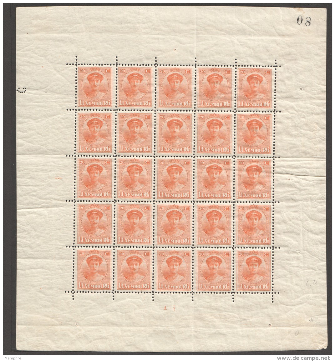 Charlotte De Face 20 Cent. Feuillet 5 X5   Prifix 125a * - 1921-27 Charlotte Front Side