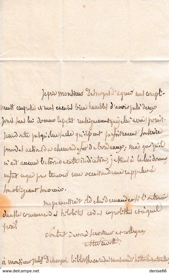 Lettre à M. Jules DESNOYERS, Bibliothécaire Muséum D'Histoire Naturelle  AU JARDIN DU ROI - Documents Historiques