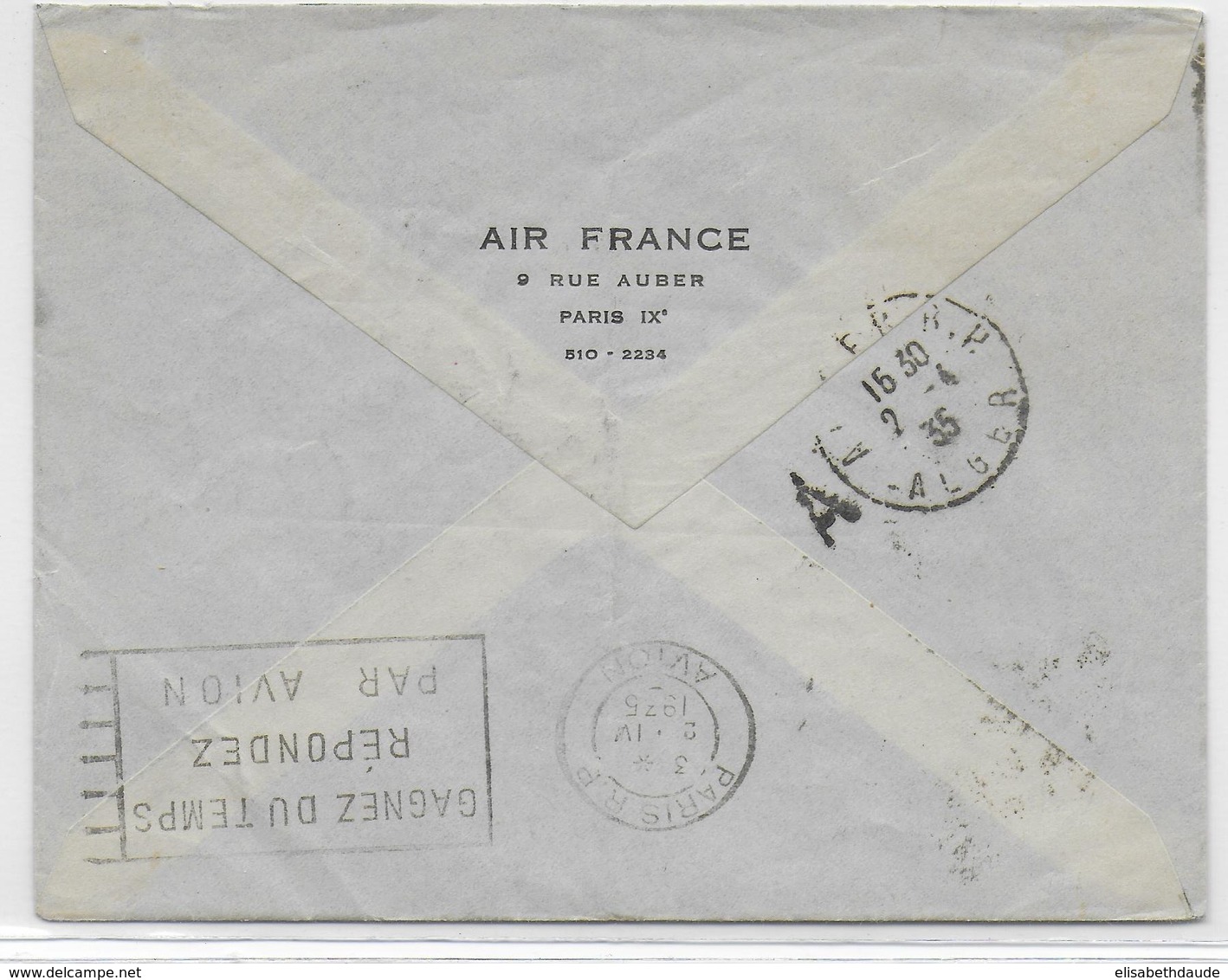 1935 - ENVELOPPE Par AVION 1° VOL PARIS à ALGER Dans La JOURNEE - 1927-1959 Lettres & Documents