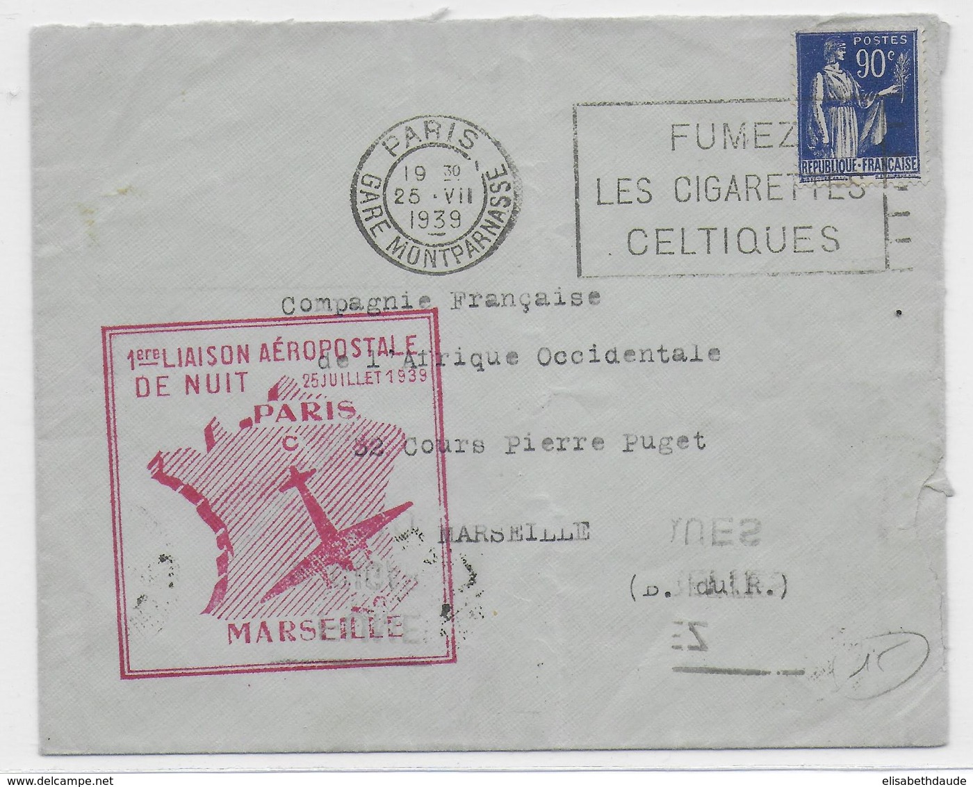 1939 - ENVELOPPE Par AVION De PARIS => MARSEILLE - 1° LIAISON AEROPOSTALE De NUIT - 1960-.... Lettres & Documents