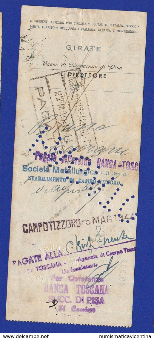 RSI Assegno Pisa Cassa Risparmio Emesso A PISA Nel Febbraio 1944 Banche Chèque Bank Check - Assegni & Assegni Di Viaggio