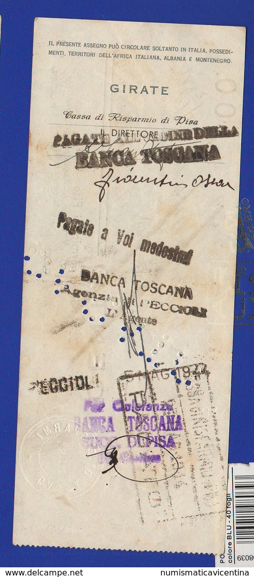 RSI Assegno Pisa Cassa Risparmio Emesso A PISA Nell'Aprile 1944 Banche Chèque Bank Check - Assegni & Assegni Di Viaggio