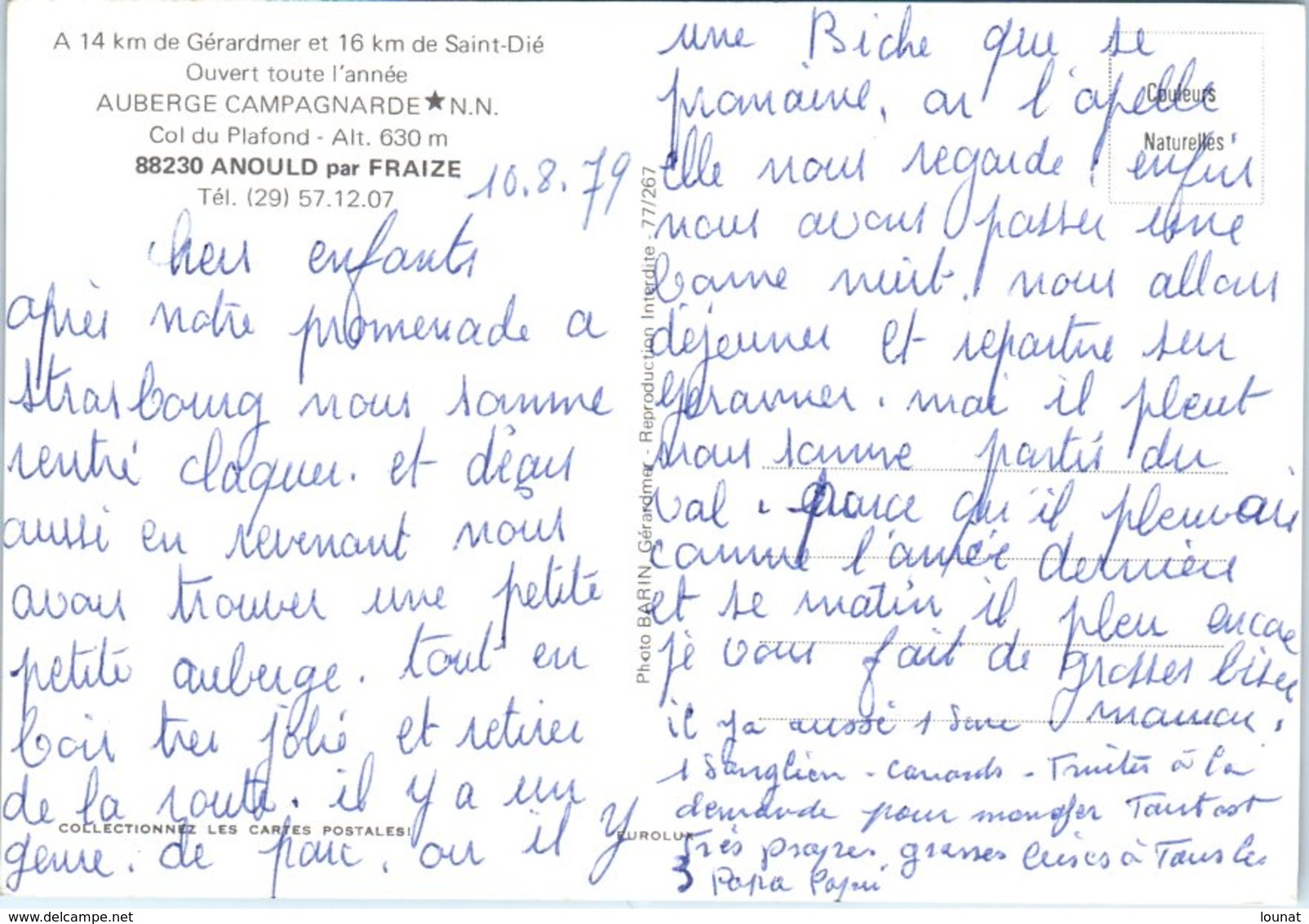 88 ANOULD Par FRAIZE - Auberge Campagnarde Col Du Plafond (Café Hôtel, Restaurant, 2auto. Citroen...)Année 1979 - Anould