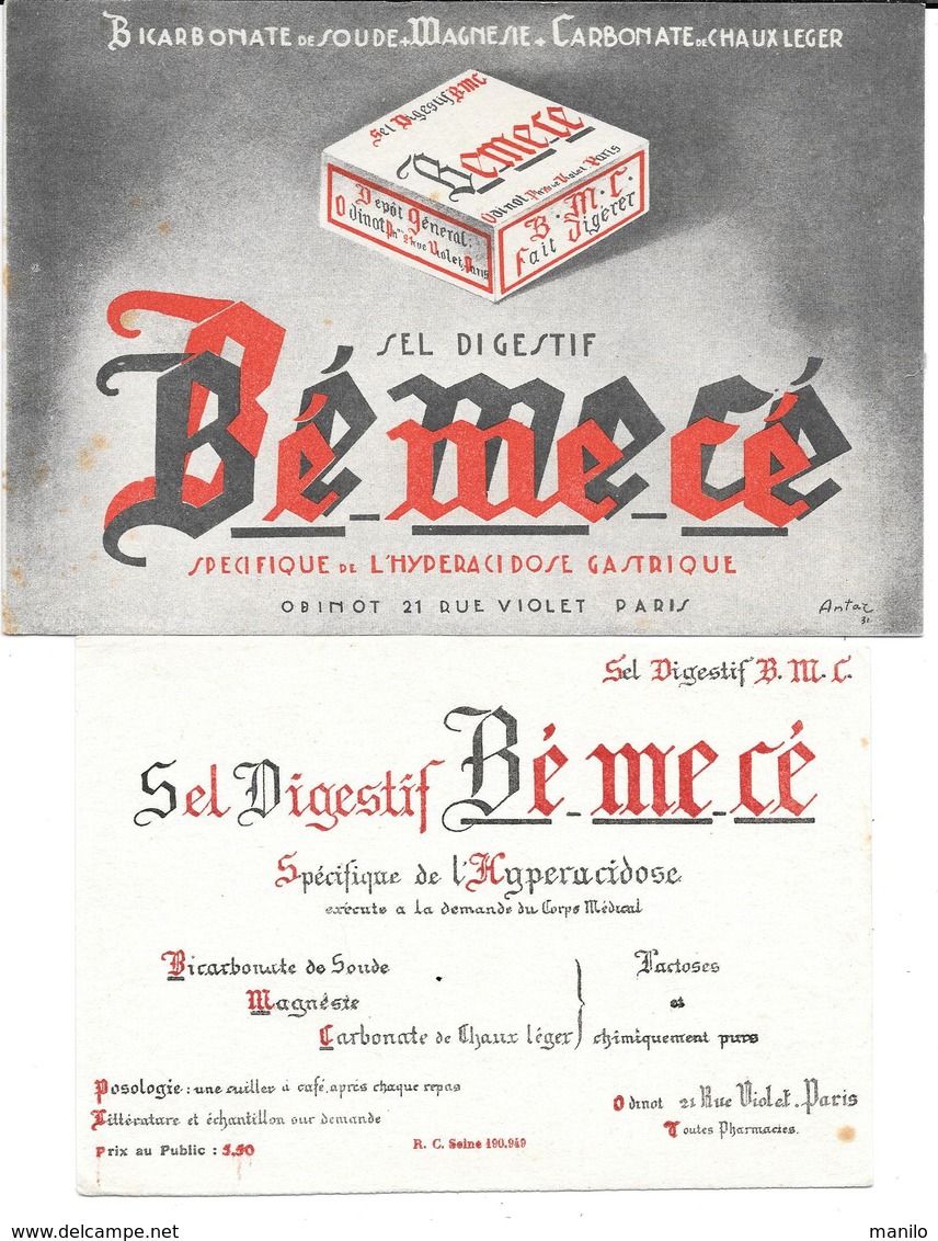 2 Buvards Anciens  PRODUITS PHARMACEUTIQUES : LABORATOIRE ODINOT Rue VIOLET Paris - BE ME CE /illust.ANTAR 1931 - Drogerie & Apotheke